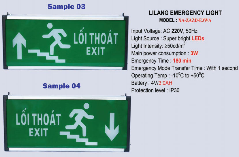 Thông số kỹ thuật Đèn chiếu sáng khẩn cấp 2 mặt chỉ hướng lên Lilang XA-ZAZD-E3WA