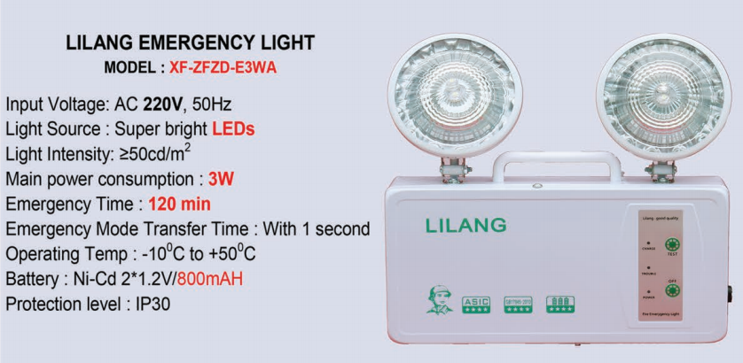 Thông số kỹ thuật Đèn sự cố thoát hiểm khẩn cấp Lilang XF-ZFZD-E3WA