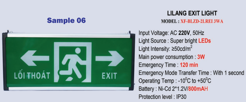 Thông số kỹ thuật Đèn exit Lilang 1 mặt có chỉ hướng 2 bên XF-BLZD-2LREI 3WA