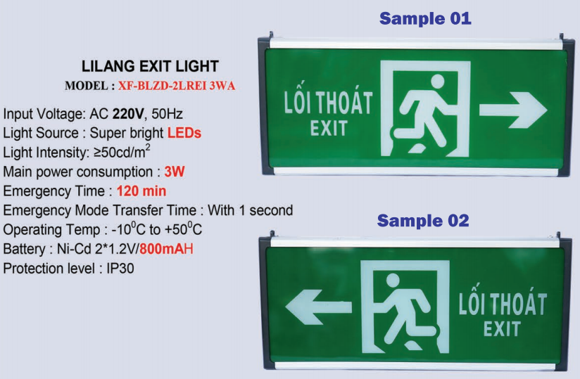 Thông số kỹ thuật Đèn exit Lilang 1 mặt có chỉ hướng XF-BLZD-2LREI 3WA