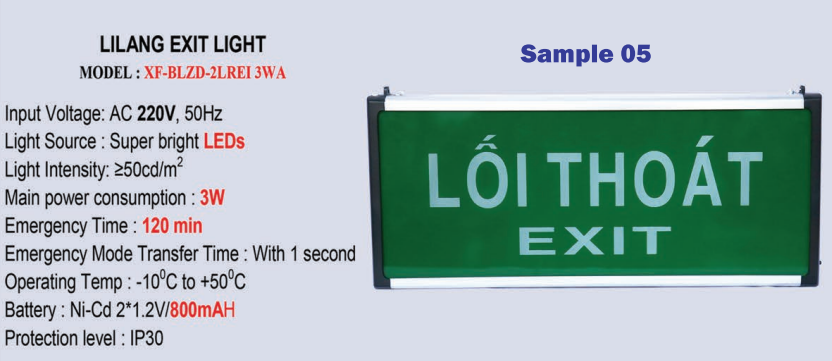 Thông số kỹ thuật Đèn exit Lilang 1 mặt không chỉ hướng XF-BLZD-2LREI 3WA