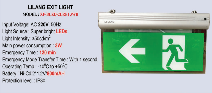 Thông số kỹ thuật Đèn Exit kính trong Lilang 2 mặt có chỉ hướng XF-BLZD-2LREI 3WB