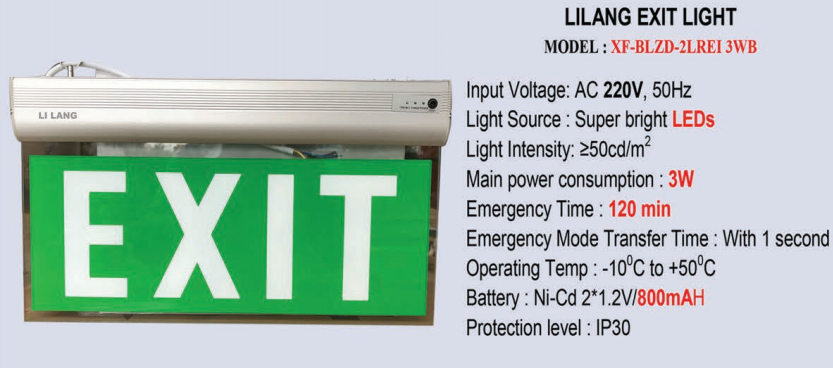 Thông số kỹ thuật Đèn Exit kính trong Lilang 2 mặt không chỉ hướng XF-BLZD-2LREI 3WB