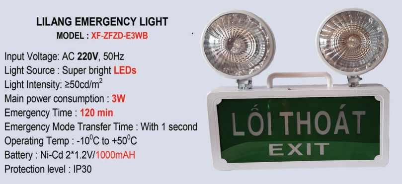 Thông số kỹ thuật Đèn sự cố kết hợp Exit Lilang XF-ZFZD-E3WB cao cấp